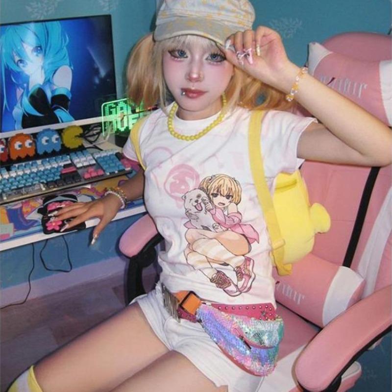 2KWEIRD Y2k Harajuku Streetwear T-Shirts Damen Japanische Mode Kawaii Süßer Cartoon-Druck Slim Sexy Tees Tops Weiches Gril Sommer