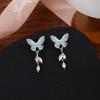 Diamond-Set Blue Oil-Dripping Butterfly Earrings, Light Luxury Niche Design, Water-Dripping Fringed Sweet Earrings.