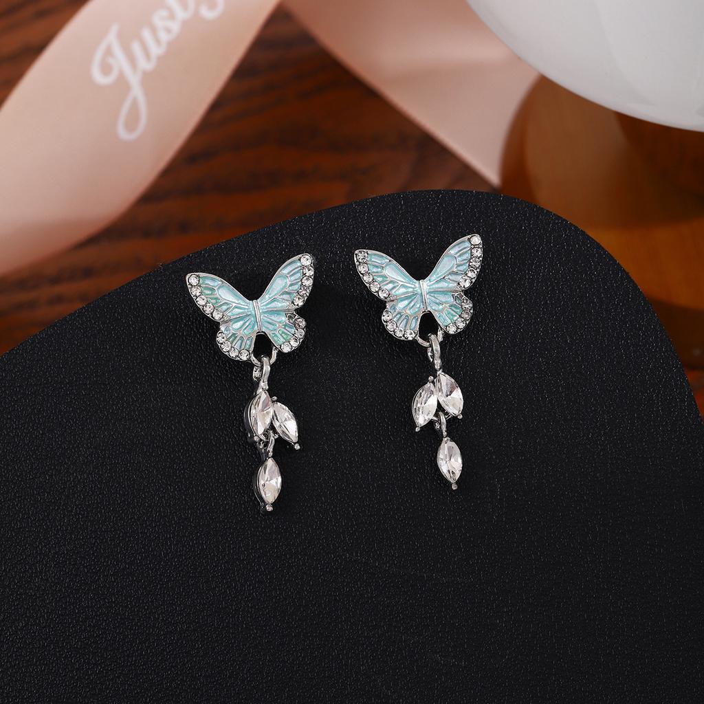 Diamond-Set Blue Oil-Dripping Butterfly Earrings, Light Luxury Niche Design, Water-Dripping Fringed Sweet Earrings.