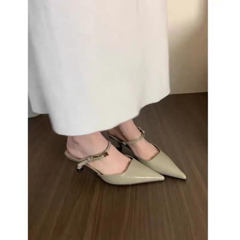 Eilyken 2025 Satin Button Pointed Toe Mules Pumps Women Slipper Fashion Shallow Thin High Heels Ladies Shoes