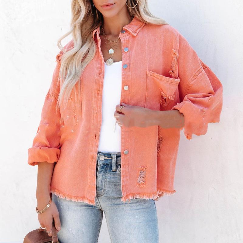 Zerrissene Retro-Street-Denim-Hemdjacke für Damen mit Reverskragen und langen Ärmeln