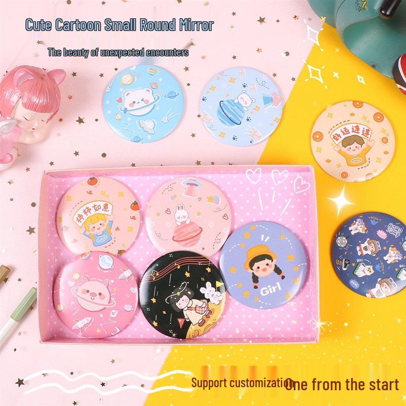 Mini Creative Cartoon Makeup Mirror for Girls - Cute, Portable, Round, and Customizable.