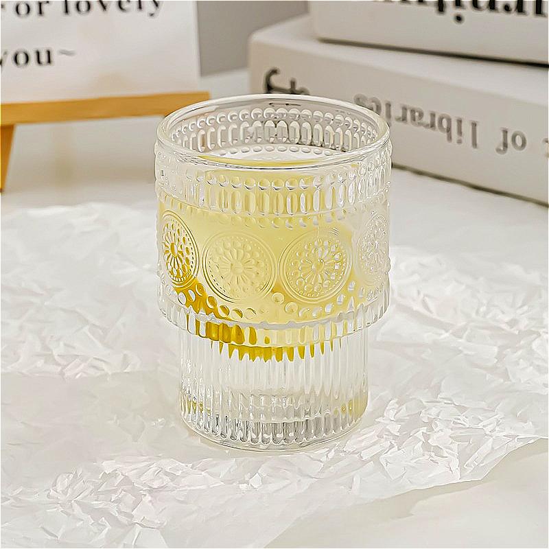 2pcs 200ml Coffee Cup Sunflower Pattern Glass Cup Vintage Wine Glass Transparent Cold Drink Cup Whiskey Glass Bar Accessories