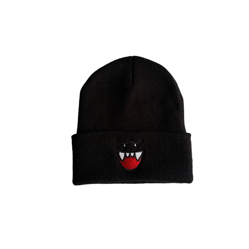 Cartoon Big Mouth Red Eyes Beanie - Autumn/Winter Embroidered Wool Knit Hat