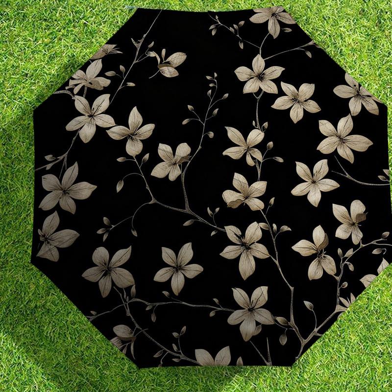 1pc Floral Pattern Black Automatic Folding Umbrella, Heavy Duty 8 Rib Iron Frame,  Suitable for Travel, Daily Use, Birthday, Decor Gift m0104080