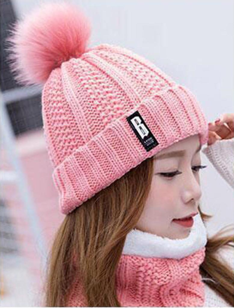 Women Ladies Warm Winter Hairball Plus Velvet  Knitted  Cap+Scarf