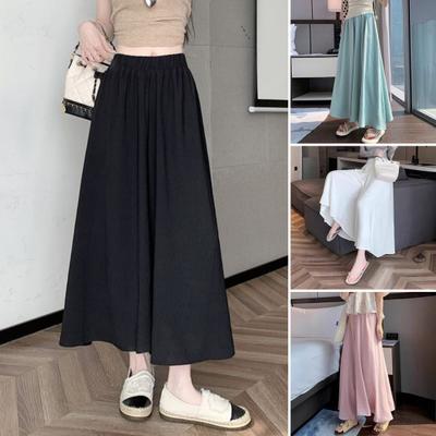 Women Casual Pants Elastic High Waist Solid Color Oversized Wide Leg Pants Skirt Vacation Work School Summer Pants Skirt