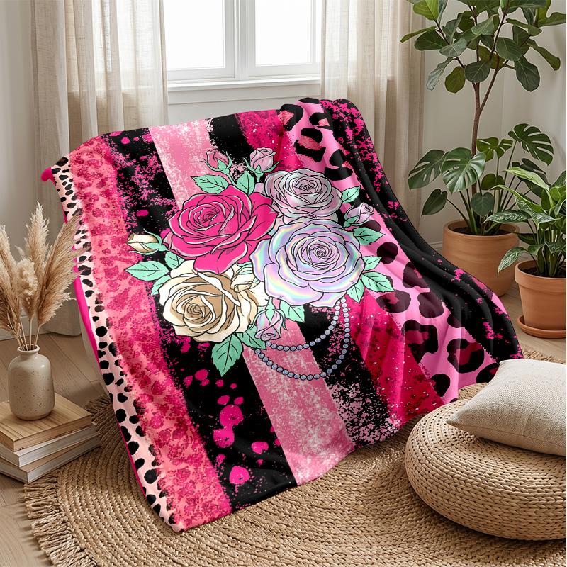 Pink Roses and Leopard Print 3 Theme blanket Lightweight Warm Flannel Blanket Decorative Throw Blanket for Home Decoration