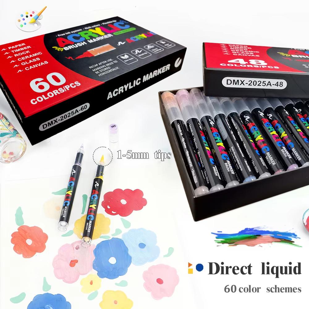 12-60 Colors Acrylic Paint Pen Marker Brush Tip Paint Marker For Rock Painting Wood Canvas Stone Christmas Gift DIY Craft