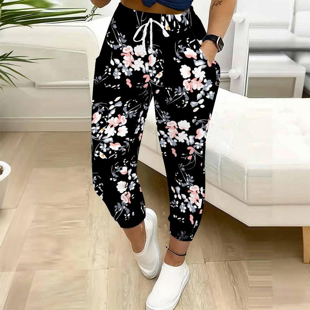 Summer Ladies Floral Print Sweatpants Loose Fit Drawstring Joggers Elastic Cuff Daily Casual Pants
