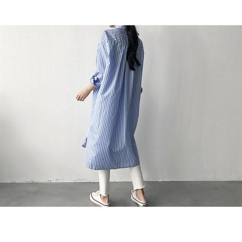 Women's New Style Spliced Lapel Buttons Fashionable Mid-length Striped Loose Long-sleeved Shirt Skirt