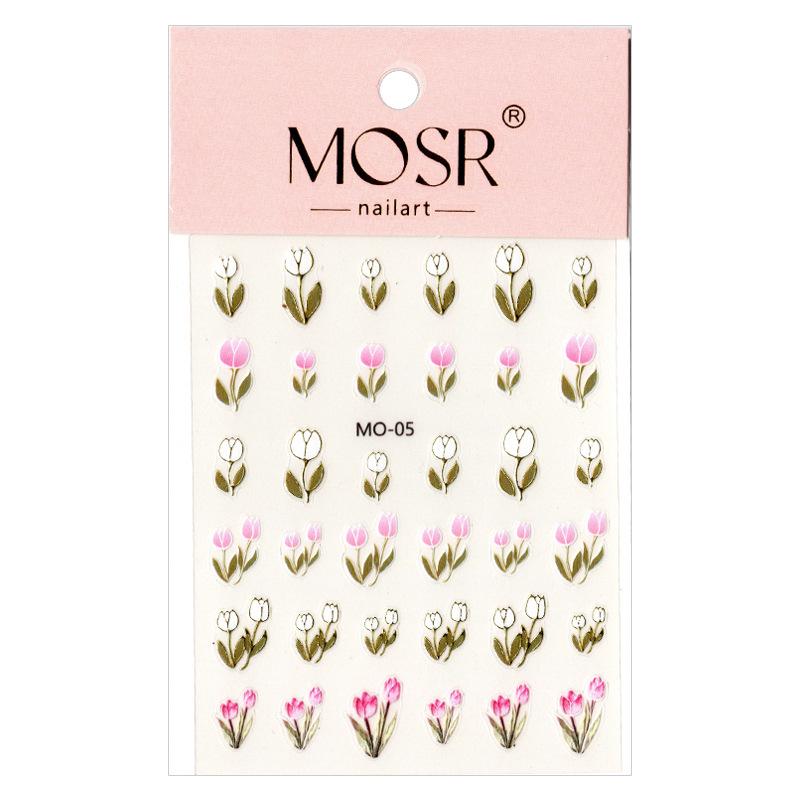 Gold Edge Tulip & Bunny Nail Decals with Hand-Painted Flower Outlines