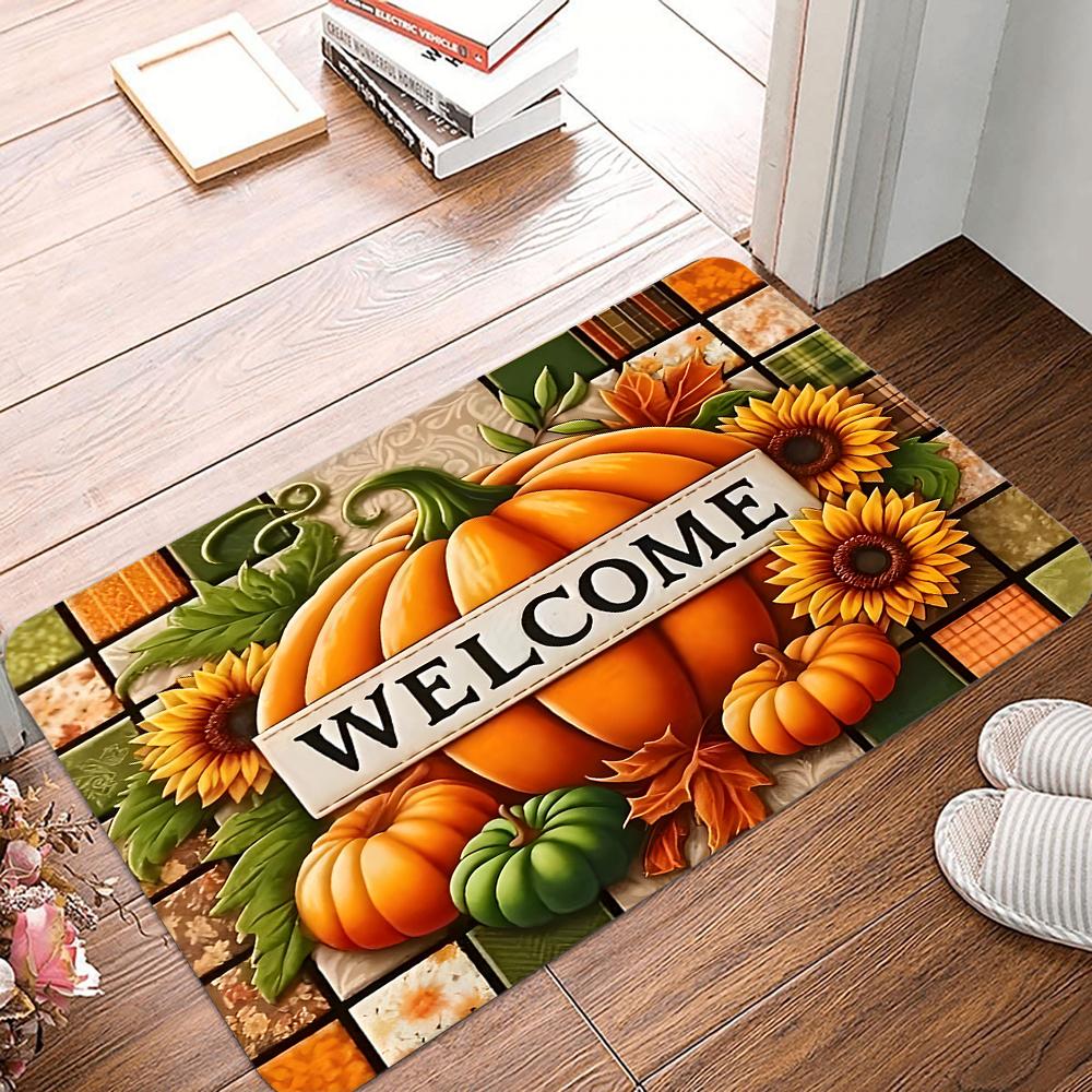 Thanksgiving Pumpkin Welcome Mat Non-Slip Machine Washable Carpet Doormat for Living Room Bedroom Kitchen Indoor/Outdoor Rug