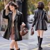 Women's PU Leather Trench Coat with Suit Collar, Double-Breasted, Mid-Length, Waist-Slimming for Spring/Autumn - Model YG82936.
