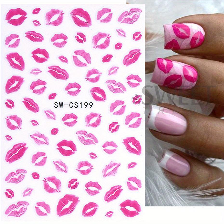 3D Sexy Lips Stickers Leopard Print Love Heart Letter Pink Rose Red Lips Valentines Manicure DIY Romantic Nail Decoration