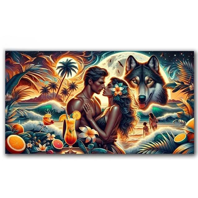 Romantic Couple And Wolf Diamond Painting New 2024 5D Large Diy Seaside Coconut Tree Landscape Full Diamond Mosaic Embroidery