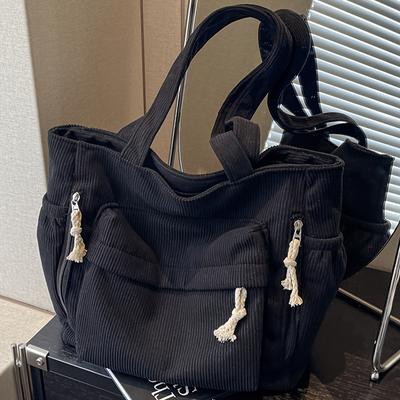 Damen Große Kapazität Corduroy Tragetasche Robuste Mehrfachtaschen Handtasche Umhängetasche mit Festem Riemen & Reißverschluss