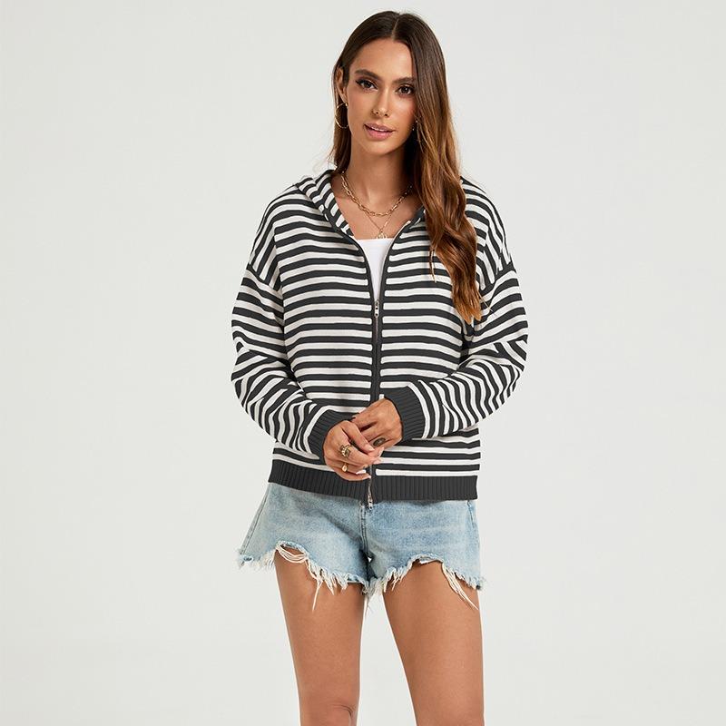 Women S Striped Hooded Zip Knit Cardigan Loose Fit Long Sleeve Sweater