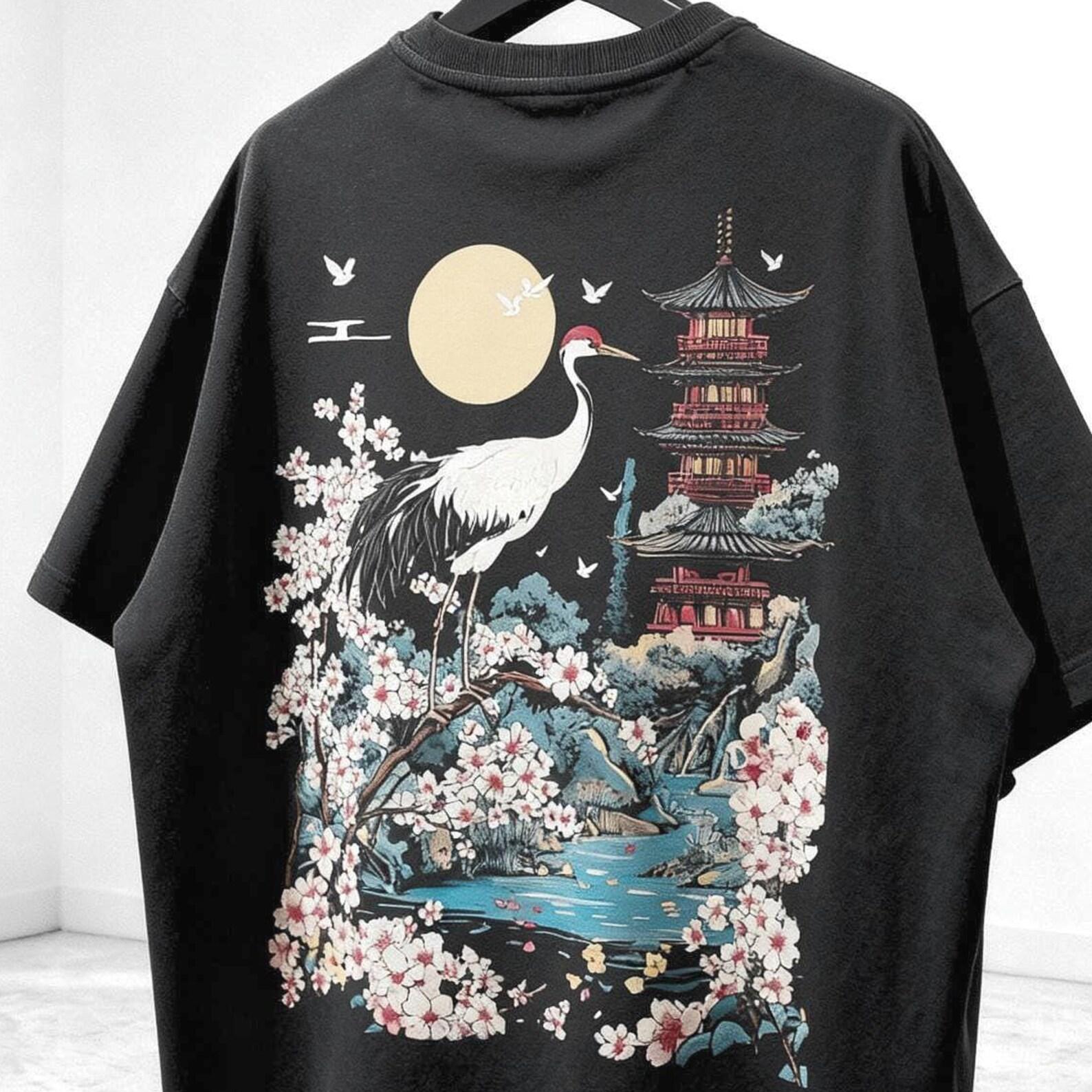 Premium Japanese Garden Boxy T-shirt, Back Print, Heavyweight Cotton, Japanese Crane and Pagoda Vintage Streetwear, Sakura Cherry Blossom XL