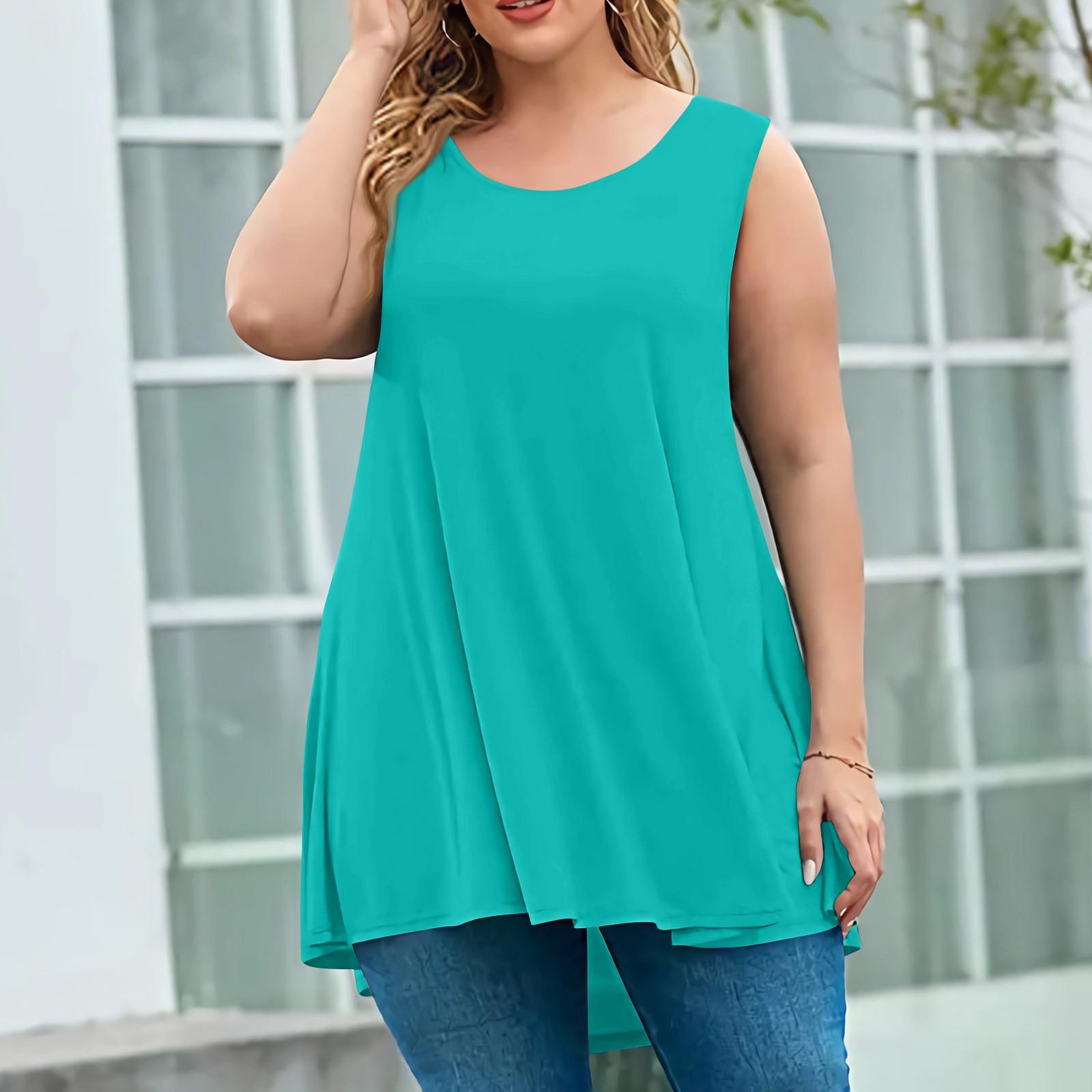 

Женская мода большого размера с круглым вырезом без рукавов повседневный однотонный свободный пуловер топ L циан