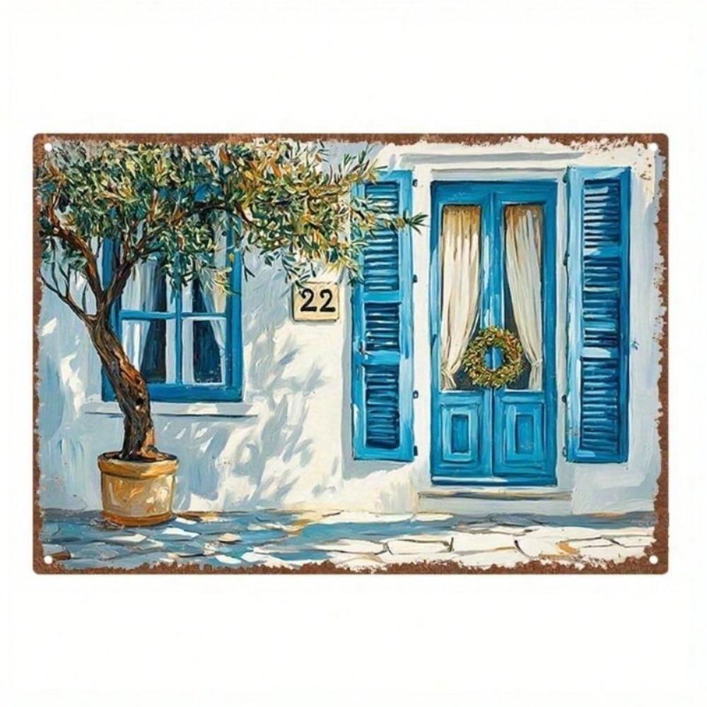 Vintage Olive Tree Blue Door Metal Wall Art 30cm