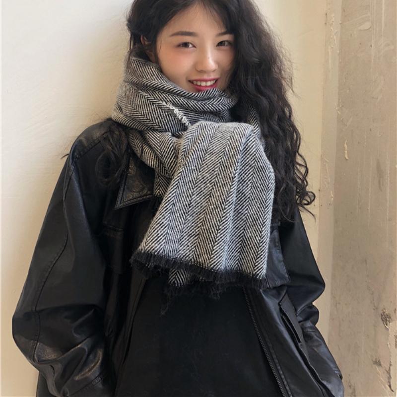 Student Fleece-Like Cashmere Warm Hong Kong Style Minimalist Herringbone Scarf Women's Winter Long In-Stock Wholesale