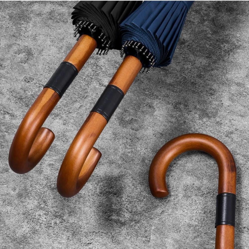 Long Handle Umbrella Large Automatic Umbrellas 24-Bone Solid Wood Handle Sturdy Winds Resistant Rain Gear Rainstorm Umbrellas