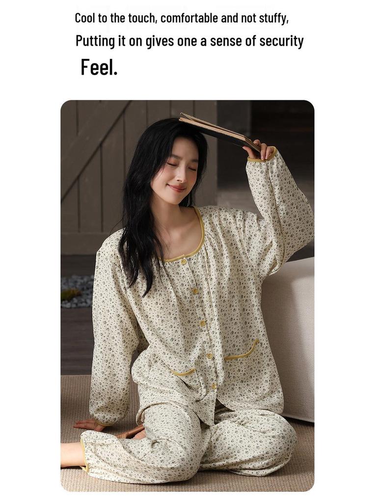 Women's Cloud Cotton Pajama Set with Chest Pads - Long Sleeve & Pants for Indoor/Outdoor Wear In Spring, Autumn, and Winter