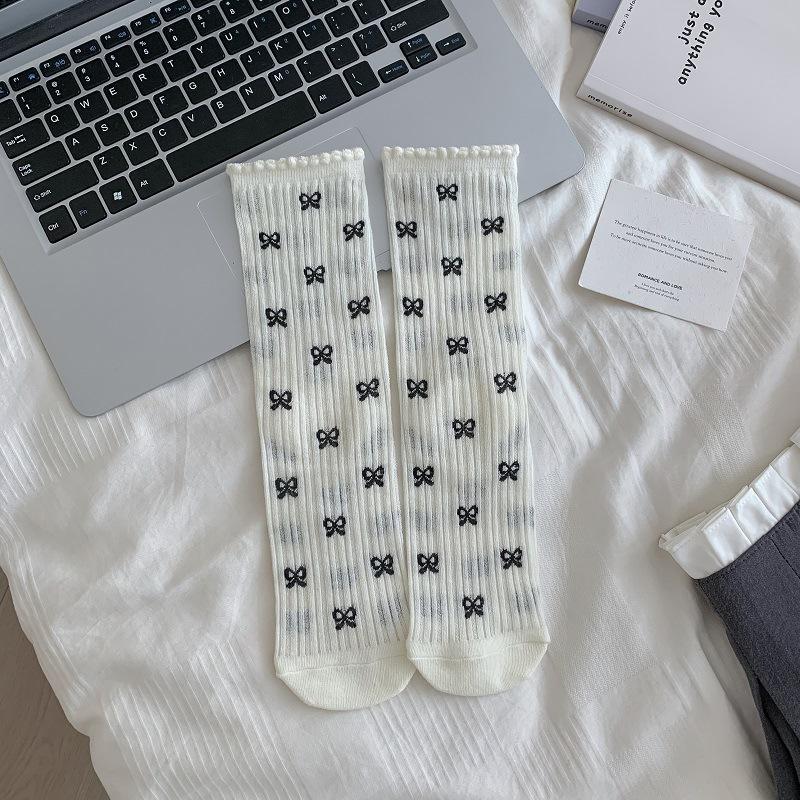 

Miu Style Ballet-Inspired Women s Mid-Calf Bow Polka Dot Mesh Socks Free Size