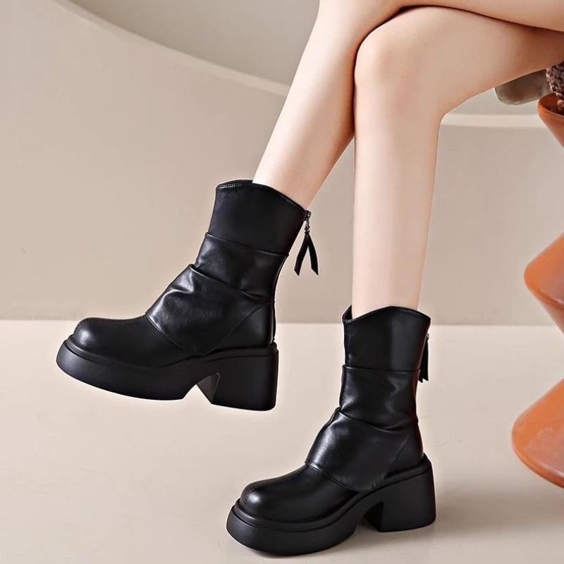Leather Platform Women's Half High Boots Autumn Winter Round Toe Ladies Mid Calf Shoes New In Gothic Work Gyaru Trend 2025 Boot
