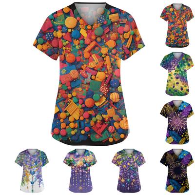 Women's Fashionable V-neck Workwear Printed Short Sleeved Pocket Side Slit Workwear Basic Pullover Top