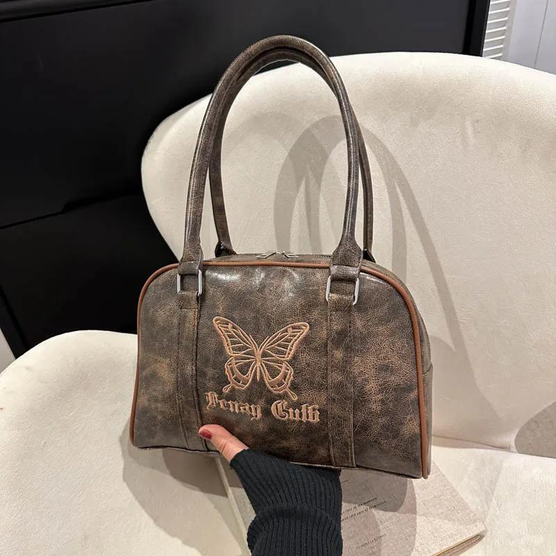 Schmetterling Maillard Retro Handheld Umhängetasche Damen Trendige Koreanische Unterarm-Schultertasche Vielseitige Umhängetasche mit Großem Fassungsvermögen