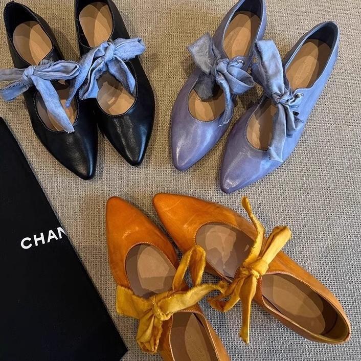 Cowhide version~ pointed lace-up literary and artistic ballet shoes for women's niche light luxury bow shallow mouth Mary Jane single shoes