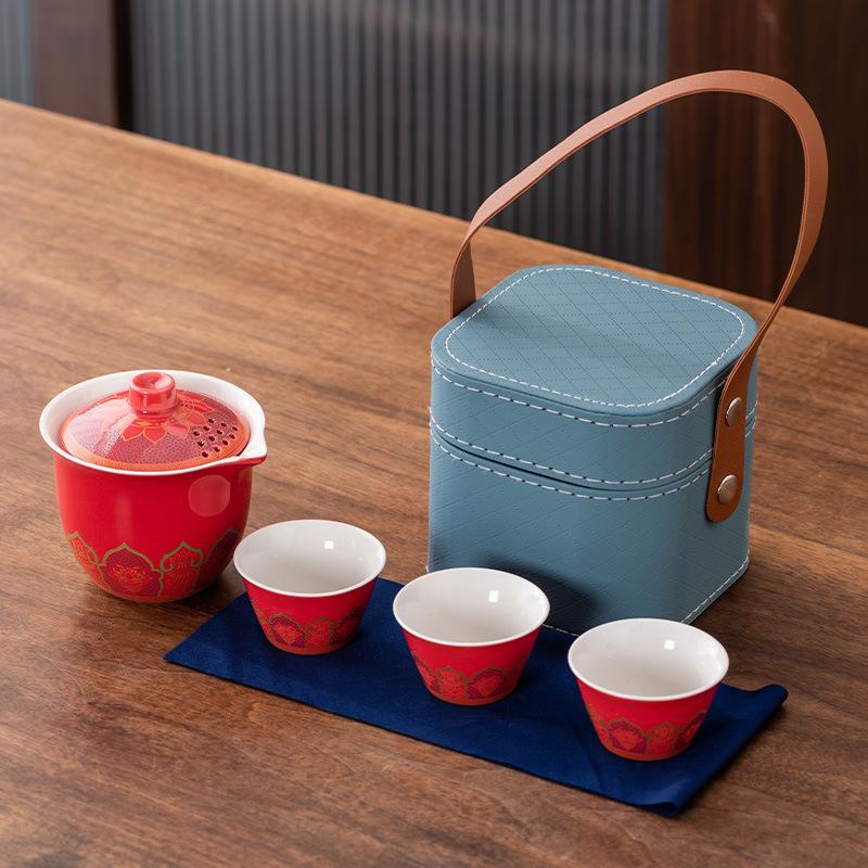 High-end Guochao travel tea set, household high-end business gifts, light luxury, a pot of three cups, commemorative souvenir gifts