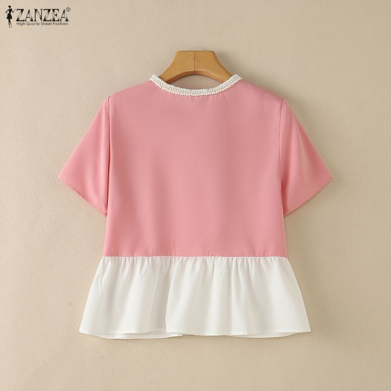 ZANZEA Women Casual Round Neck Splice Loose Short Sleeve Blouse Summer