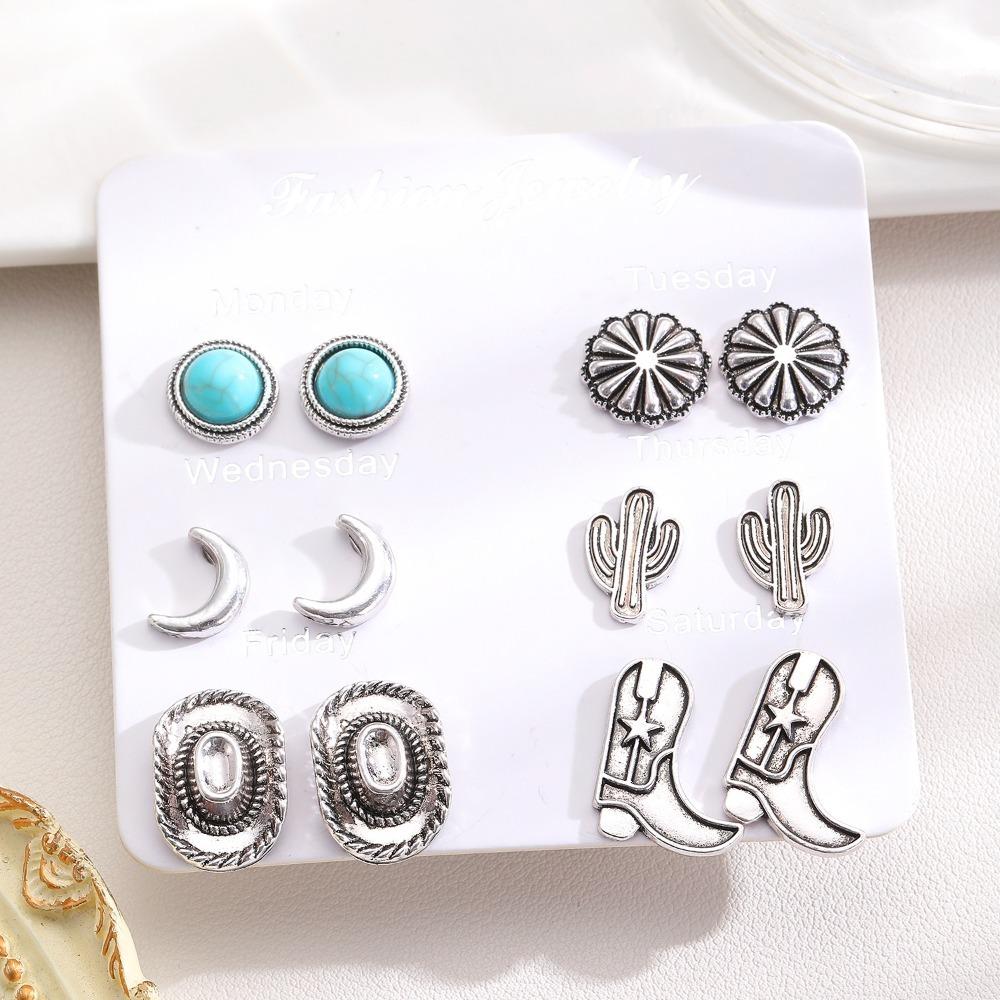 6pcs Set Retro Ethnic Western Cowboy Style Hat Boots Moon Cactus Turquoise Stud Earrings for Women Fashion Jewelry Sets Gifts