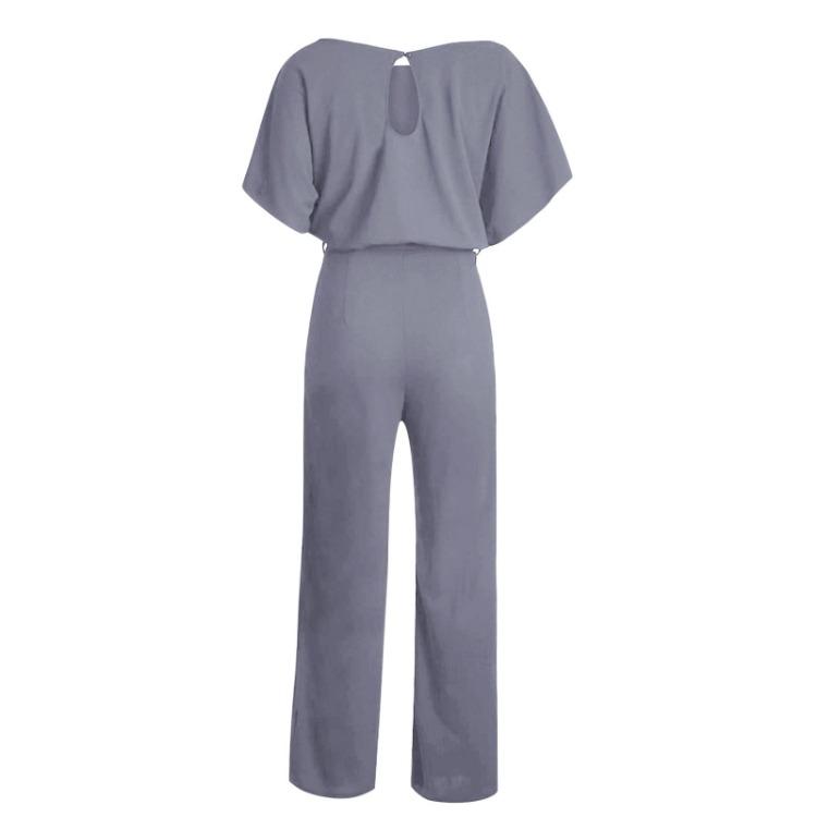 Elegant Women Slimming Jumpsuit with Batwing Short Sleeve and Lace Up Waist Solid Color Commuting Pantis Fashion Outfit