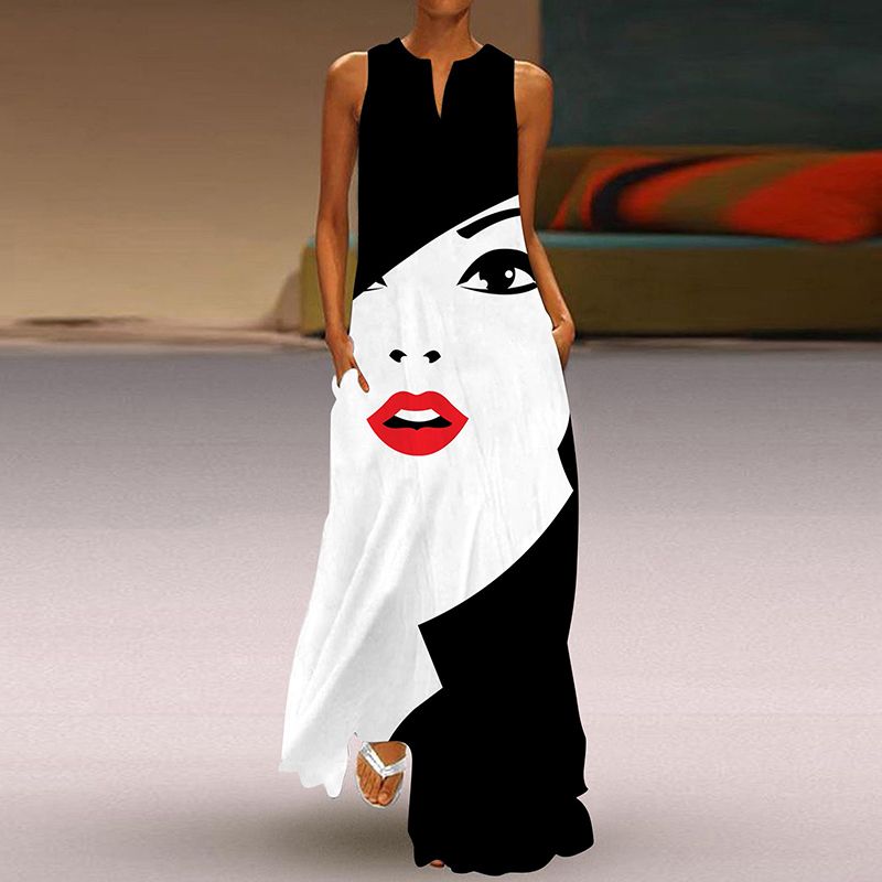 2025 Summer New Arrival Women's 3D Stereo Fashion Print Dress V Neck Sleeveless Silm Slimming Pocket Dress