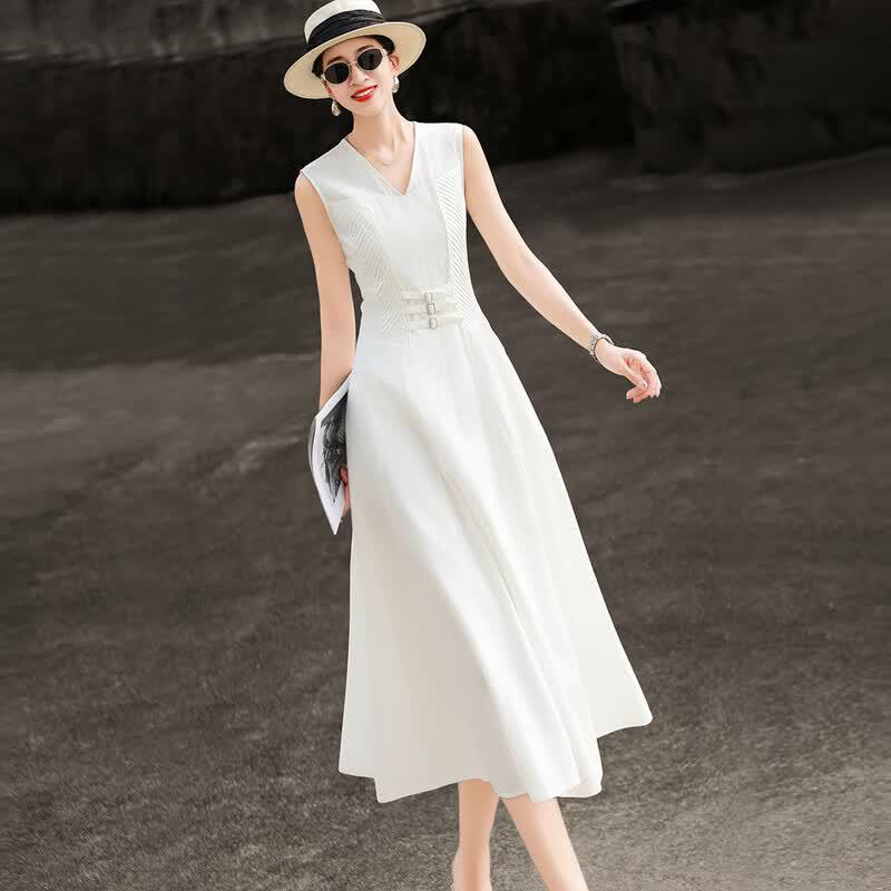 Elegant Lyocell V-Neck Sleeveless A-Line Dress