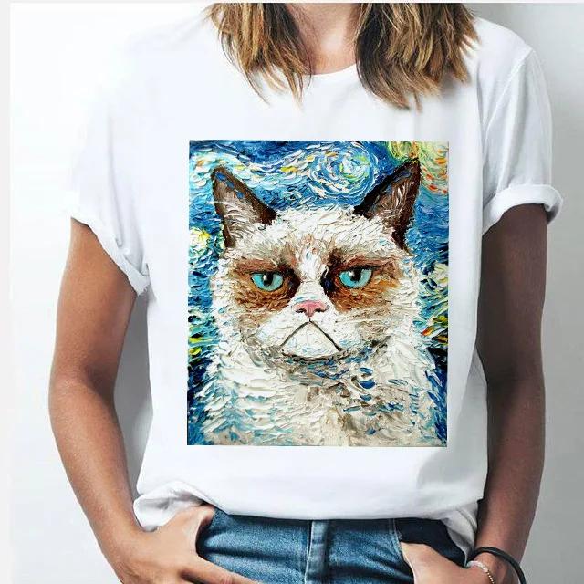 Oil Painting Cat Women's Fashion Personality Spoof Classic Oil Painting T-shirt Women Clothing Tops Harajuku Aesthetic Oversized