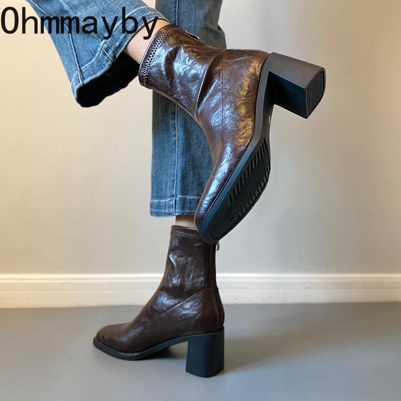 Autumn Vintage Elastic Slim Women Ankle Boots Fashion Soft Leather Shoes Ladies Elegant Thick Heel Mordern Short Booties