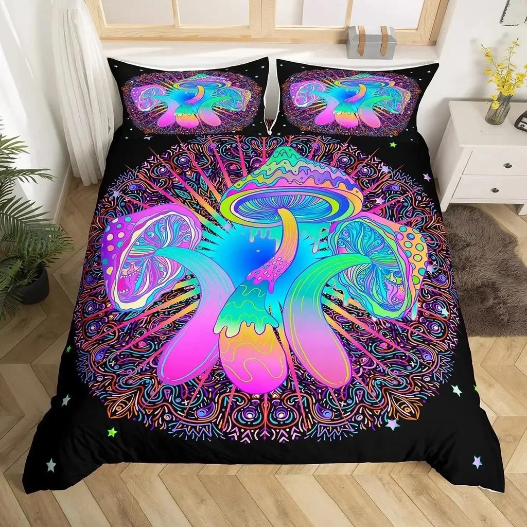 3D Psychedelic Mushroom Boho Mushroom Comfortable Duvet Quilt Cover Pillowcase Bedding Set Bedroom Decoration Home Textile