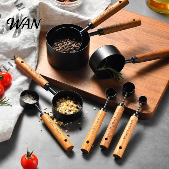Durable Baking Tools 4Pcs Gold-Plated Stainless Steel Measuring Spoons & Cups Set, Precision with Kitchen Spoon Set Wood Handle, Nested Food Grade Kit