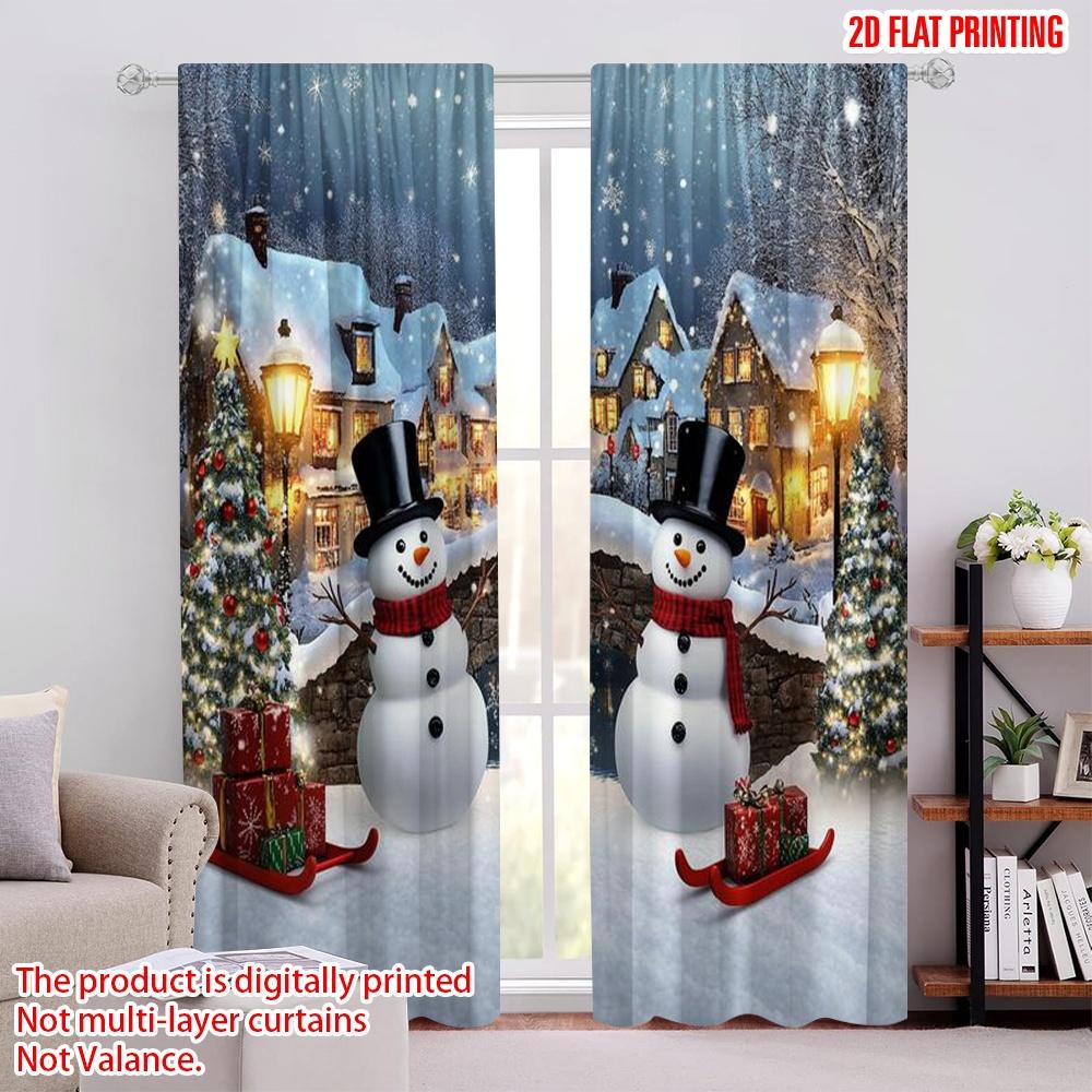 

Set Of 2 Flat Printing Merry Christmas Party Curtains Winter Town Snowman Durable Polyester Without Electricity Festive Curtain Made W100*H70(CM)-Rod Pocket&1PCS