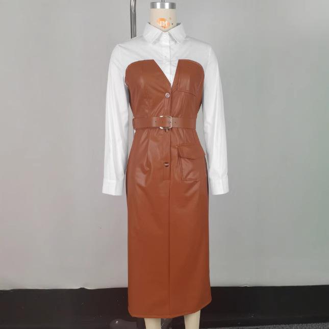 Womens Dresses Shirt PU Skirt Autumn Buttons Long Sleeve Patchwork Pocket Skinny Belted Lapel Female Dress