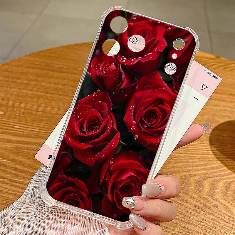 Scarlet Red Rose Flower Pattern Case For iPhone 17 Pro Max Coque iPhone 16 15 14 13 Pro Max 11 Shockproof Clear Soft Silicone Cover