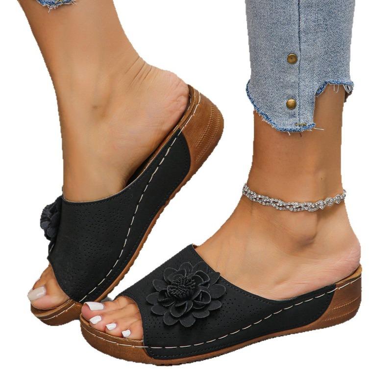 Damen Überweite Florale Plateau-Pantoletten - Klobiger Keilabsatz Strand-Pantoletten für Sommer, Outdoor Freizeit-Sandalen