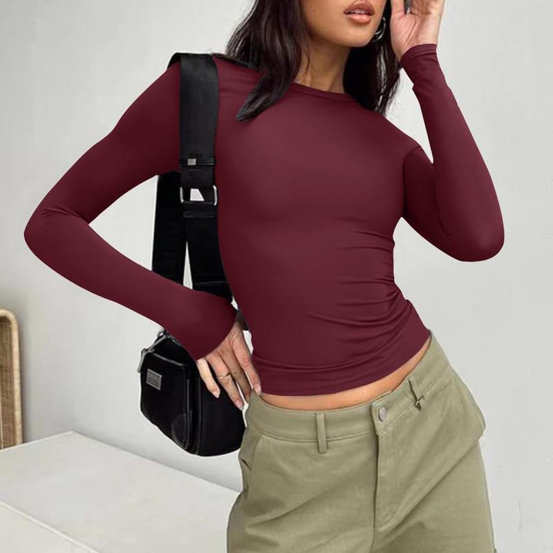 Mode Langarm Slim Fit Damen Bluse O Hals Lässig Elegant Schlicht Büro Damen Kurzes Hemd Streetwear Kurze Tops Einfarbig Damenbekleidung