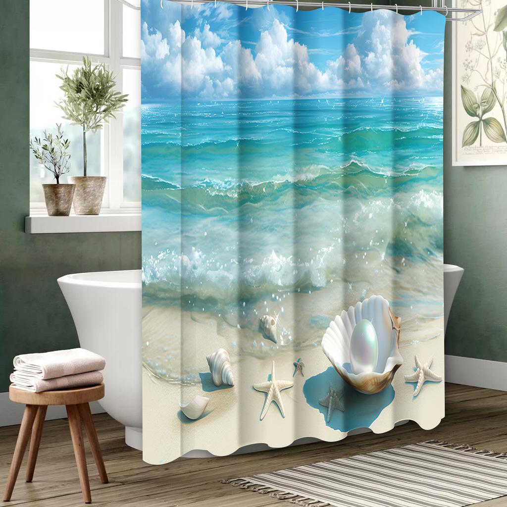 Beach Shells Pattern Bathing Curtain  Bathroom Shower Curtain Waterproof With 12 Hooks Home Deco Free Ship