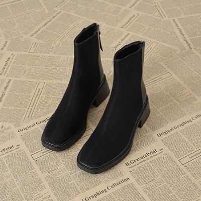 2025 Martin Boots Women's New Thin Foreign Boots Thick-soled Martin Winter Velvet Autumn and Winter Square Head Short Boots Fashion